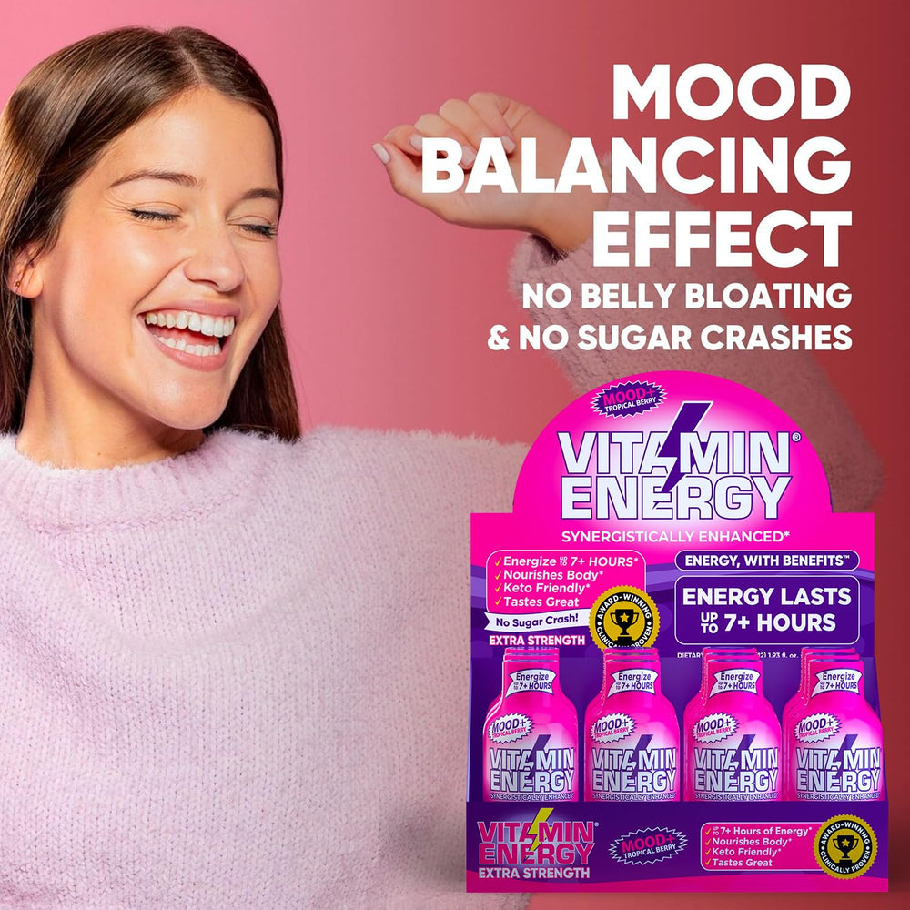 Vitamin Energy Mood+ Extra Strength Energy Shot Tropical Berry vegan gluten-free packaging emphasizes purity