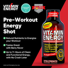 Vitamin Energy Workout+ Berry Shot kitchen scene highlights gluten-free, keto-friendly energy.