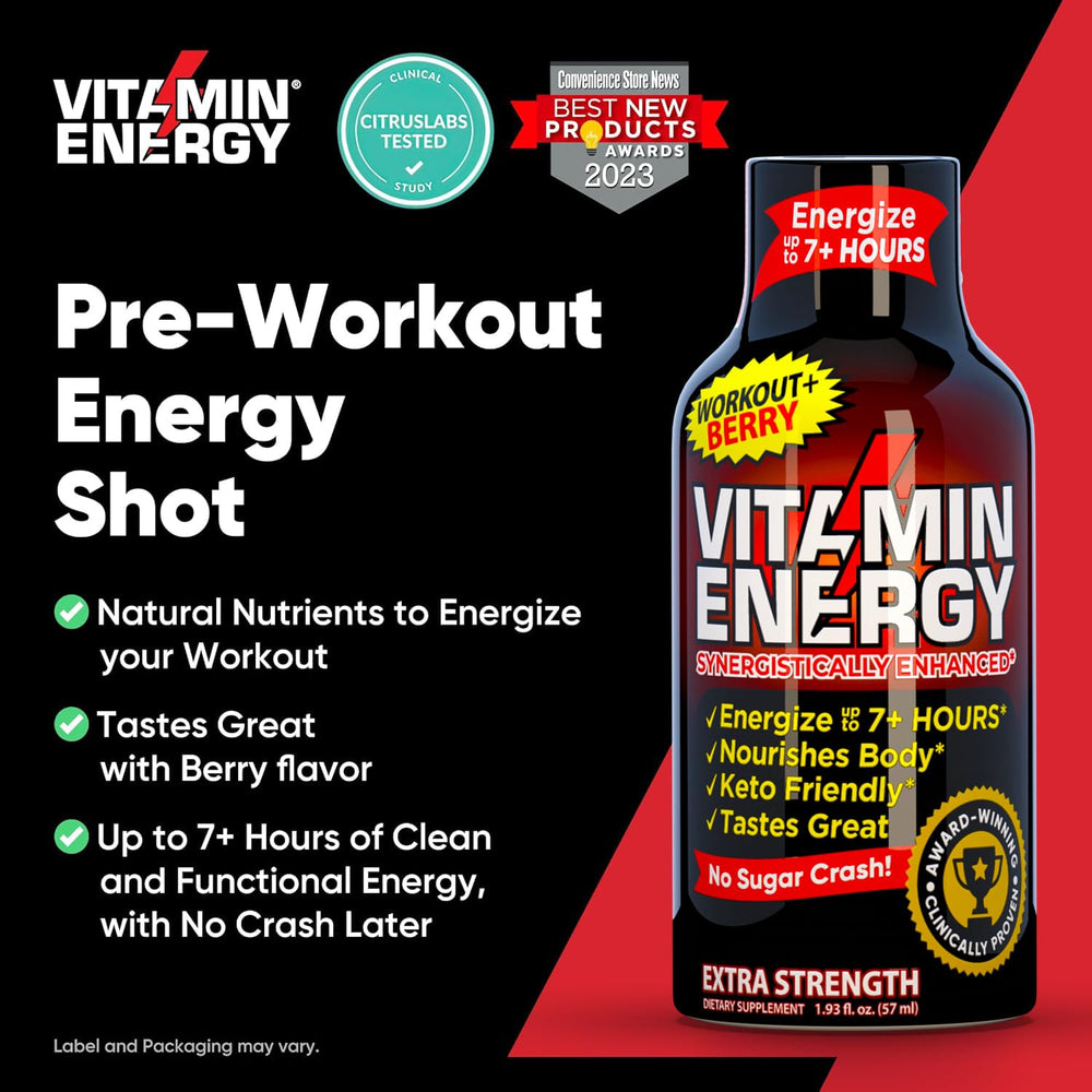 Vitamin Energy Workout+ Berry Shot kitchen scene highlights gluten-free, keto-friendly energy.