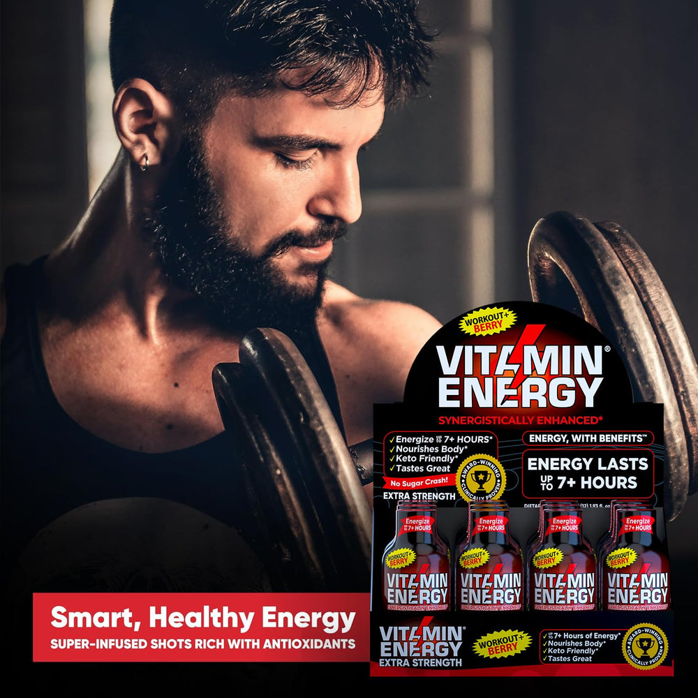 Vitamin Energy Workout+ Berry Shot vegan symbol emphasizes plant-based caffeine option.