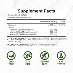 Back view of Vitamin K Complete 240 softgel bottle showing supplement facts
