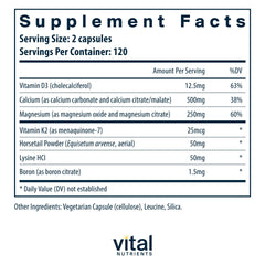 Label featuring Vitamin K2, D3, calcium, boron and magnesium