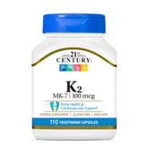 Bottle of Vitamin K2 MK-7 100 mg Vegetarian Capsules with 110-count