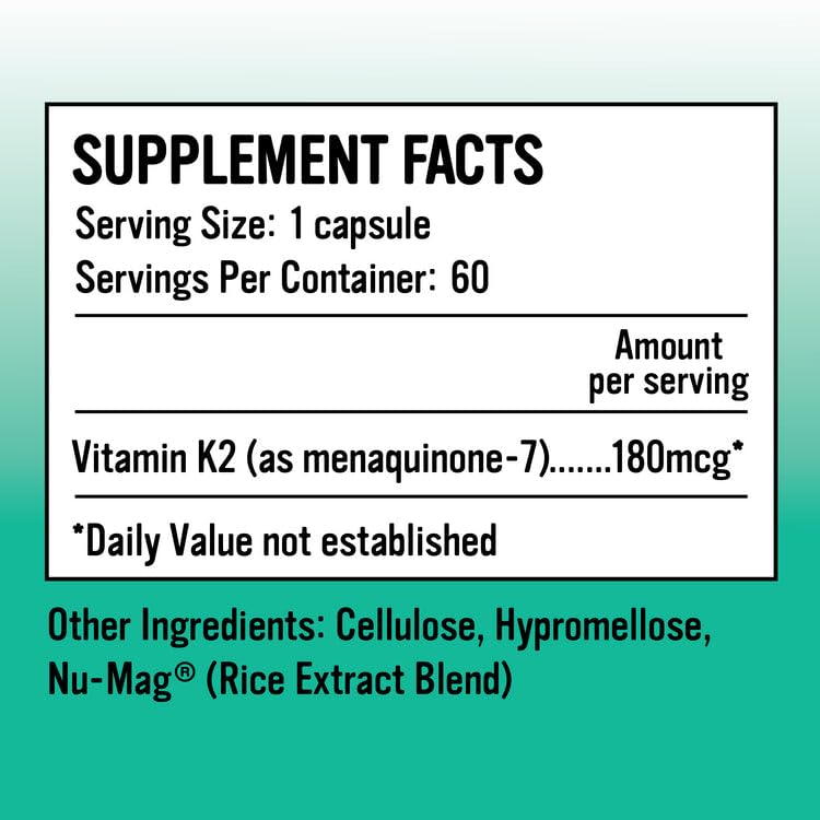 Label showing 180 mcg dosage of MenaQ7 Vitamin K2 MK-7