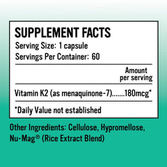 Label showing 180 mcg dosage of MenaQ7 Vitamin K2 MK-7