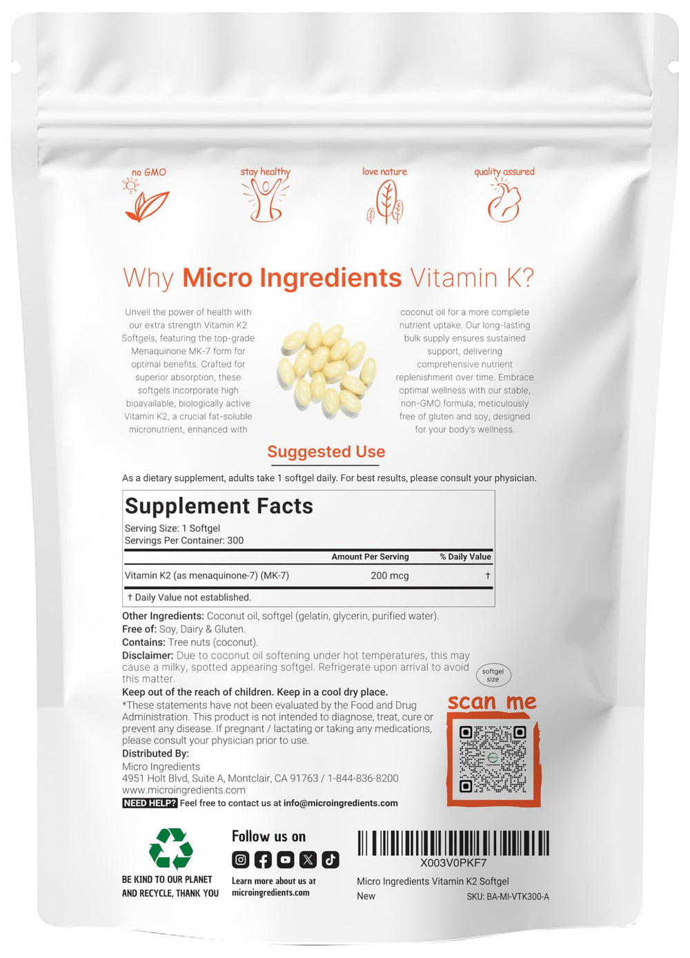 Vitamin K2 MK-7 200 mcg per dose softgels with coconut oil for absorption