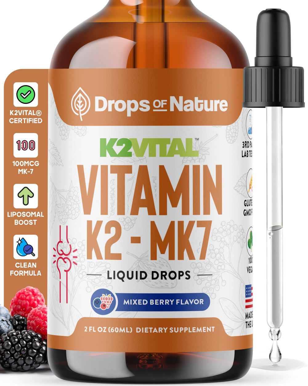 Vitamin K2 MK7 Liquid Supplement bottle with mixed berry flavor – 60ml