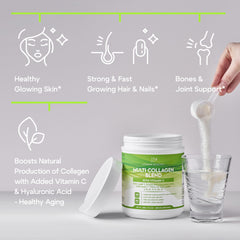 Label highlights Hyaluronic Acid and Vitamin C in the collagen blend