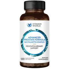 Bottle of Vitamin World Advanced Prostate Formula Saw Palmetto Complex with 120 softgels