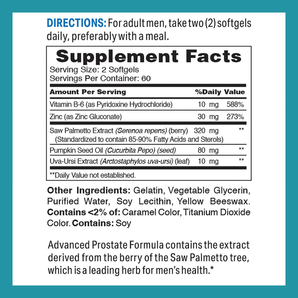 Close-up of ingredients: Saw Palmetto extract, pumpkin seed oil, uva-ursi, Zinc and Vitamin B-6