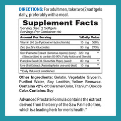 Close-up of ingredients: Saw Palmetto extract, pumpkin seed oil, uva-ursi, Zinc and Vitamin B-6
