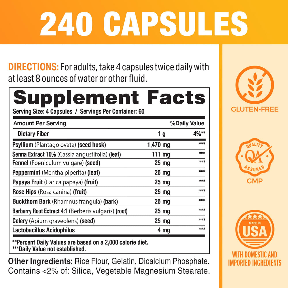Close-up of label showing psyllium husk, senna and probiotics