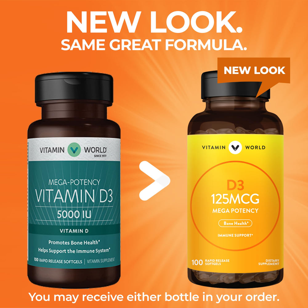 Gluten-free Vitamin D3 5000 IU supplement bottle with 100 count