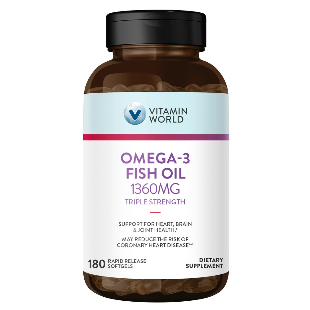 Vitamin World Omega-3 Fish Oil bottle front view with 180 softgels