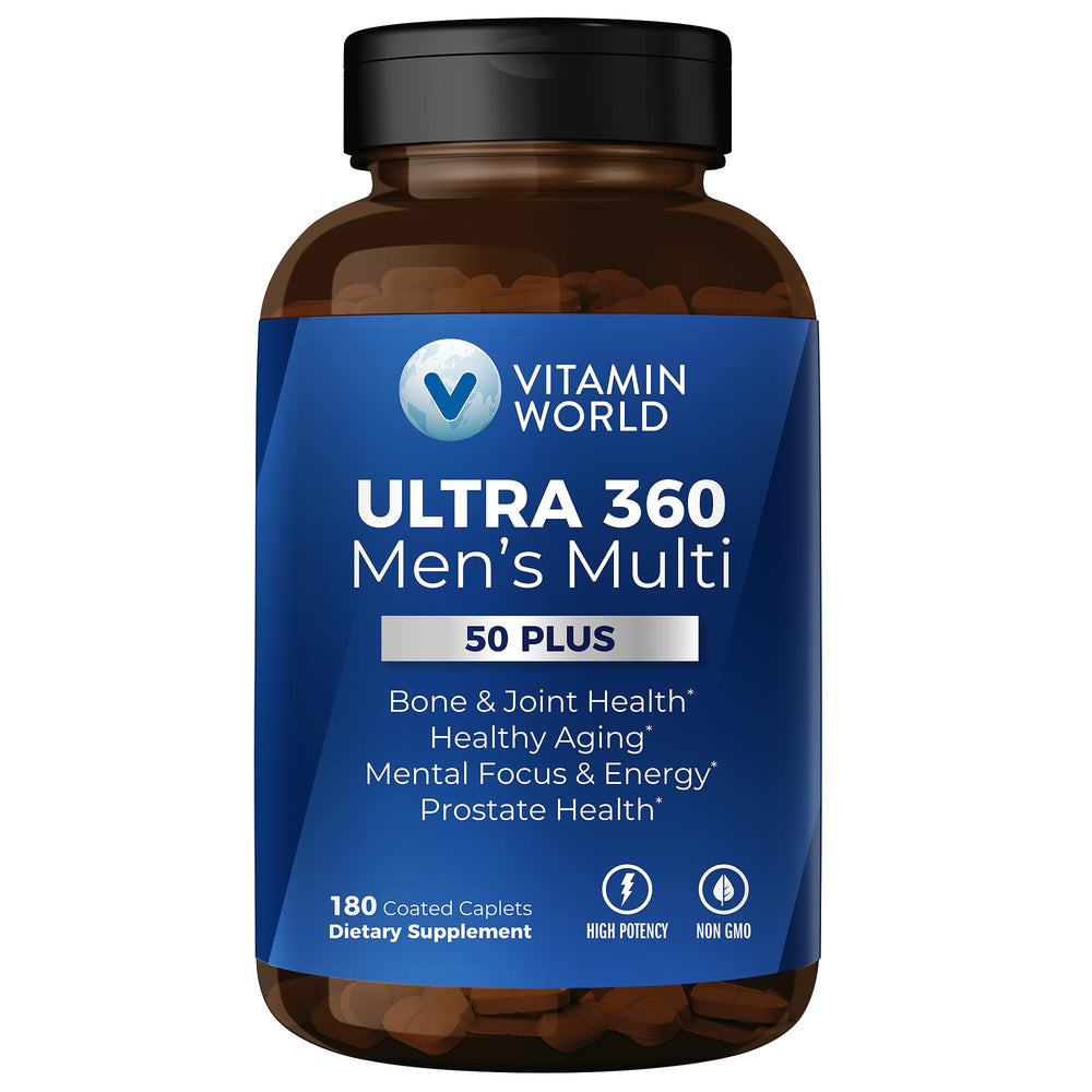 Front view of Vitamin World Ultra 360 Men's 50+ Multivitamin bottle
