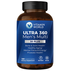 Front view of Vitamin World Ultra 360 Men's 50+ Multivitamin bottle