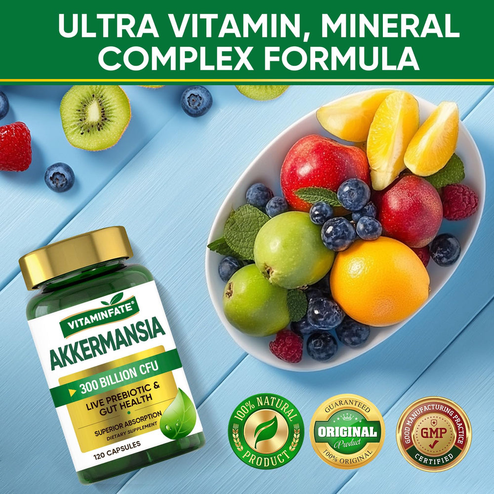 Product bottle label highlighting Akkermansia and vegan formula