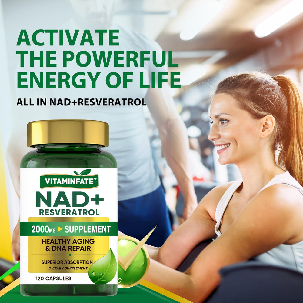 Close-up of NAD+ supplement bottle label highlighting NAD+ and Resveratrol