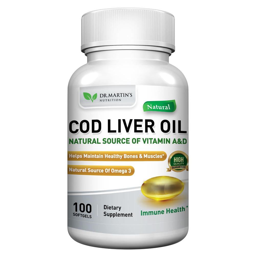Cod liver oil packaging highlighting vitamins A and D
