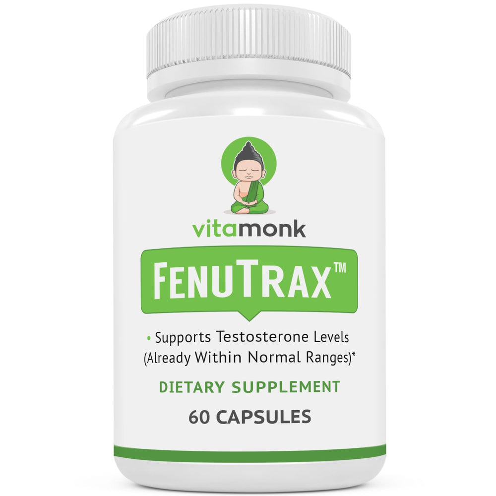 VitaMonk FenuTrax bottle shows premium fenugreek extract for energy and vitality.
