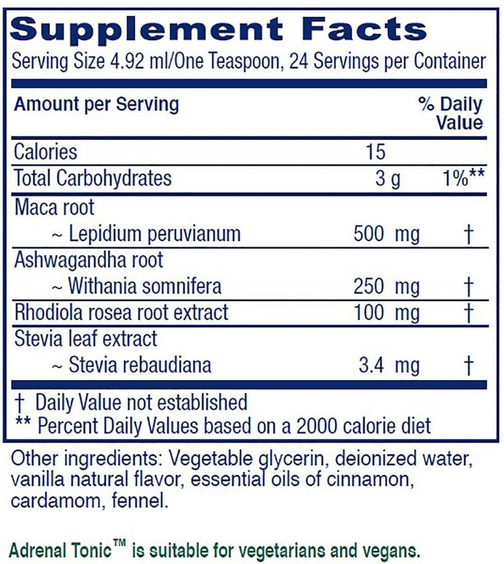 Back label of Vitanica Adrenal Tonic chai spice flavor bottle