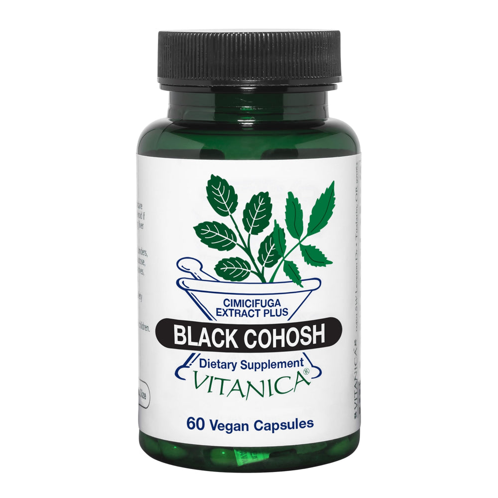 Vitanica Black Cohosh Cimicifuga Extract Plus bottle front view with capsules
