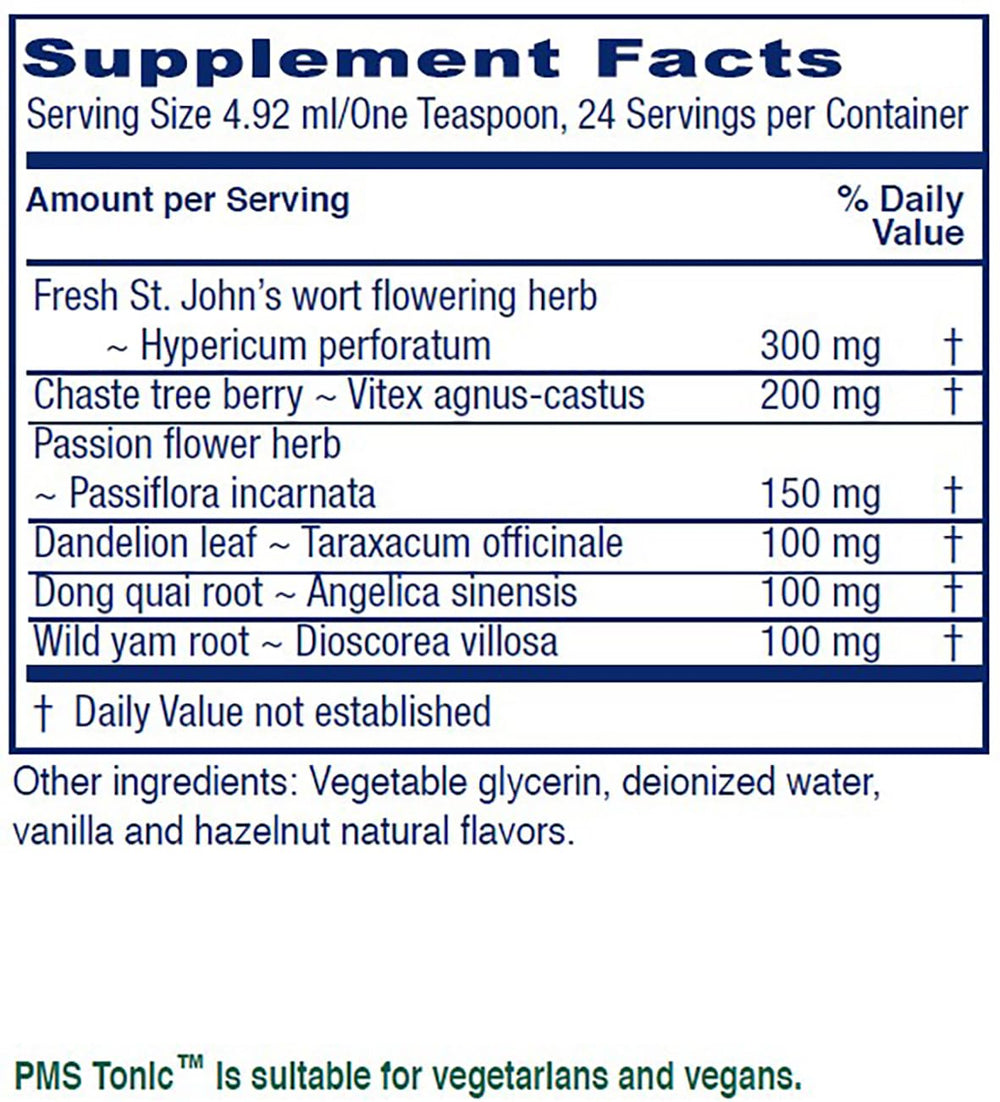 Vitanica PMS Tonic ingredients including Saint Johns Wort and Chaste Tree Berry