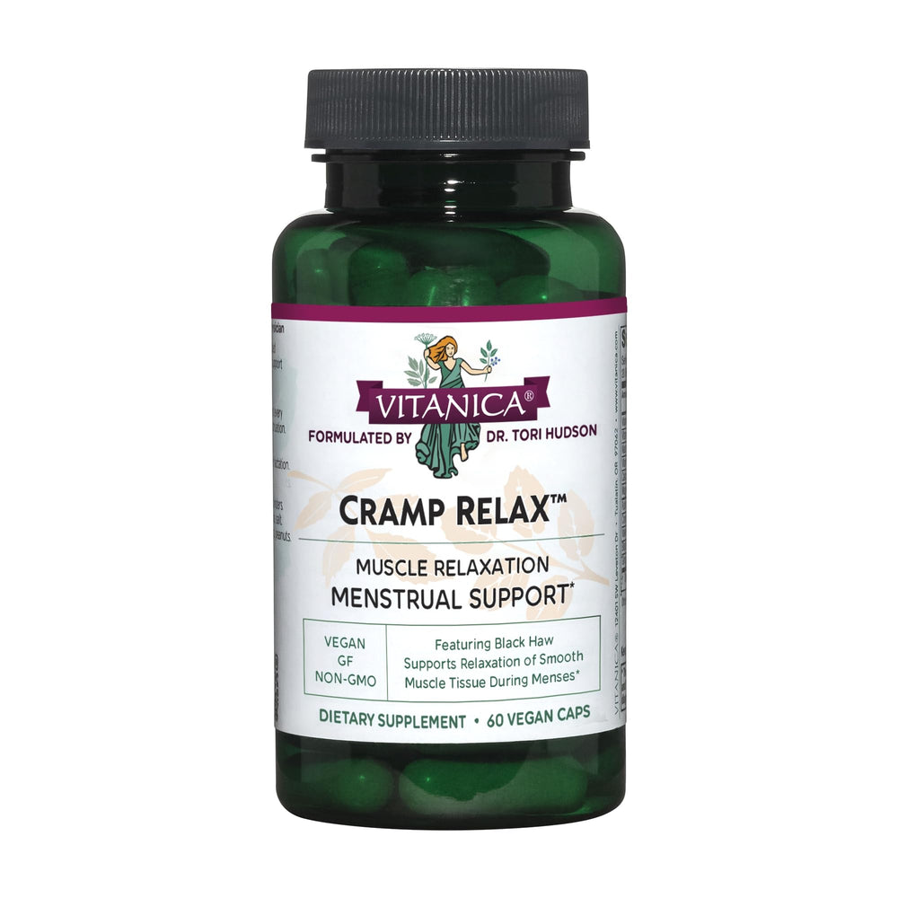 Vitanica Cramp Relax vegan menstrual support bottle and packaging