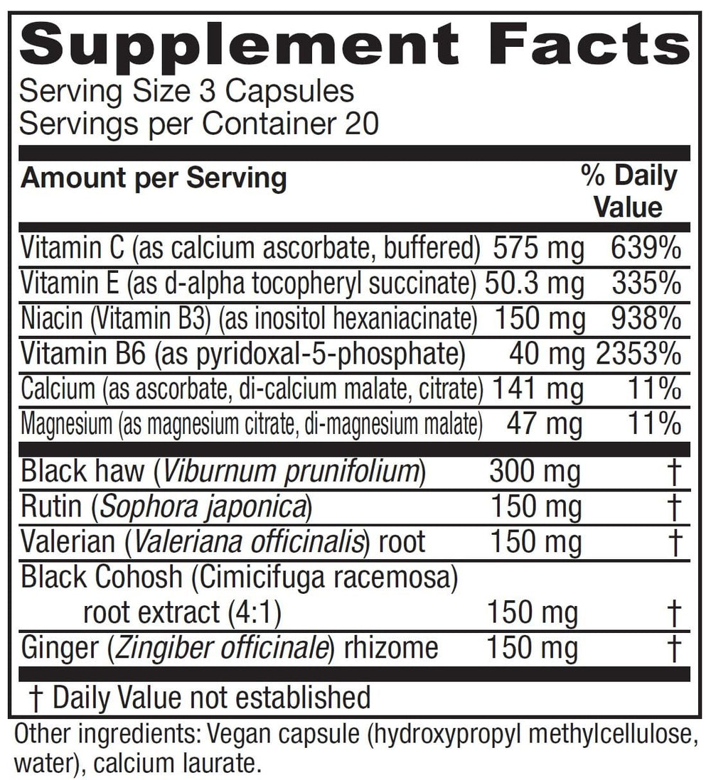 Cramp Relax ingredients featuring Black Haw bark, Valerian root, Black cohosh, and Ginger root