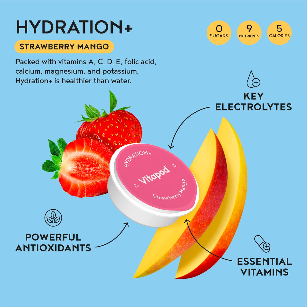 Vitapod Hydra+ bottle ready with strawberry mango electrolyte powder
