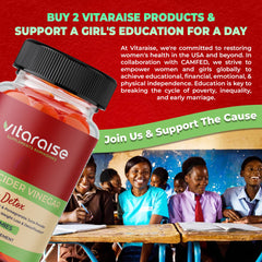 Vitaraise ACV gummies vegan, non-GMO, gluten-free badge with detox potential.
