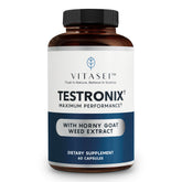VITASEI Testronix bottle-front view suggesting daily energy support during workouts.