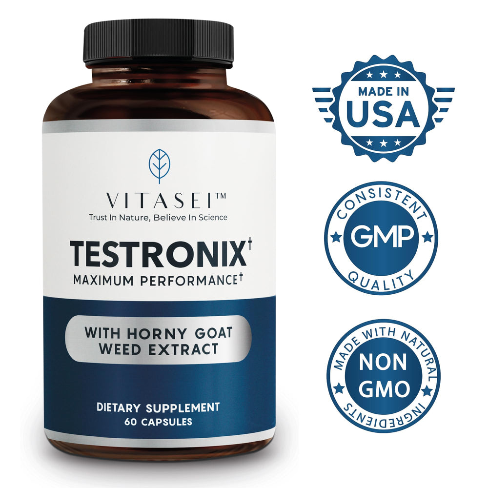 VITASEI Testronix ingredients-science close-up hints at herbal-mineral blend for daily support.