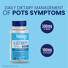 Vitassium Electrolyte Capsules bottle label highlighting 500mg sodium and 100mg potassium