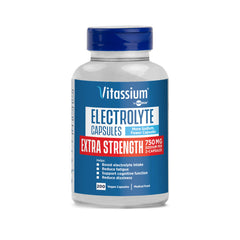 Vitassium electrolyte capsules bottle with label showing 750mg sodium per capsule