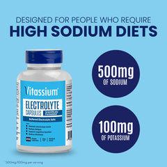 Close-up of Vitassium capsule with nutrition info showing 500 mg sodium and 100 mg potassium per serving.