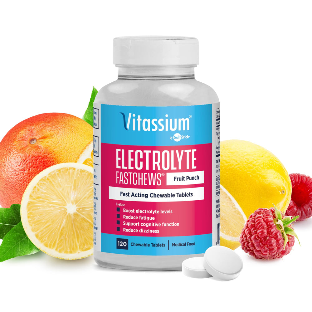 Vitassium FastChews Fruit Punch flavor chewable electrolyte tablets - fast-acting
