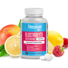 Vitassium FastChews Fruit Punch flavor chewable electrolyte tablets - fast-acting