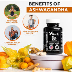 Label highlighting advanced formula with 1300mg ashwagandha extract and black pepper