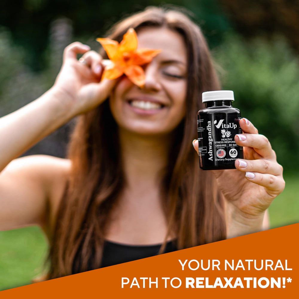 Front view of VitaUp Ashwagandha bottle and label