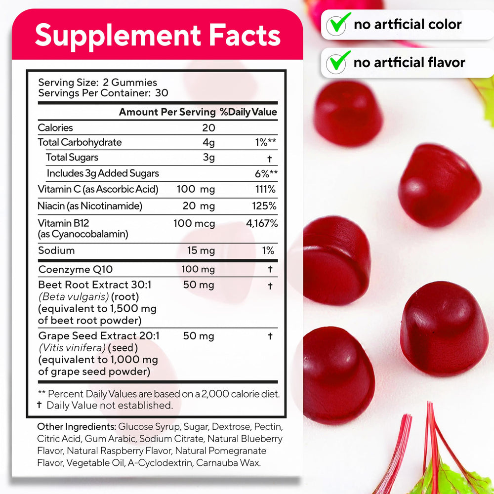 Ingredients panel featuring beet root and grape seed extract