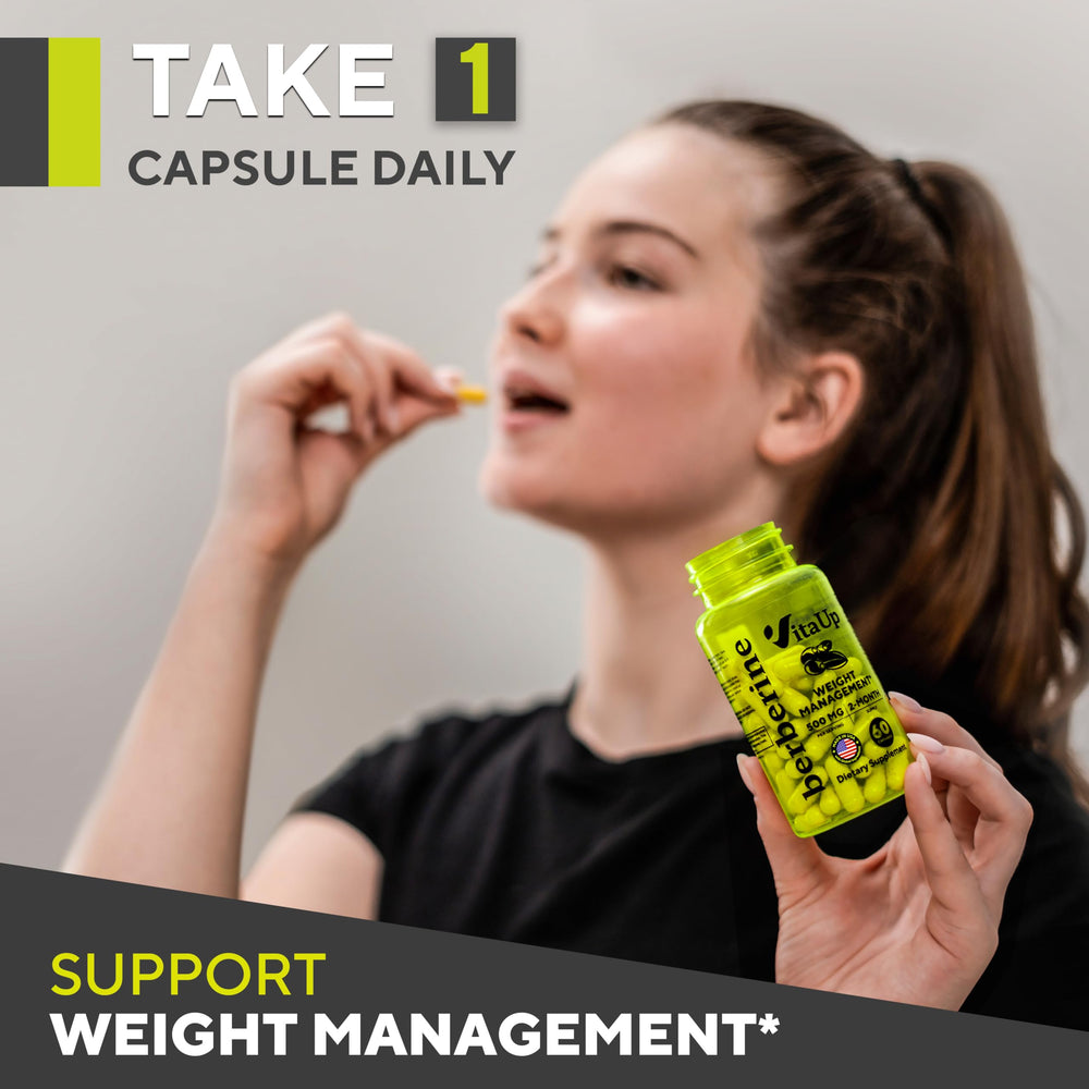 Capsules inside VitaUp Berberine 500mg bottle being poured for practical dosing