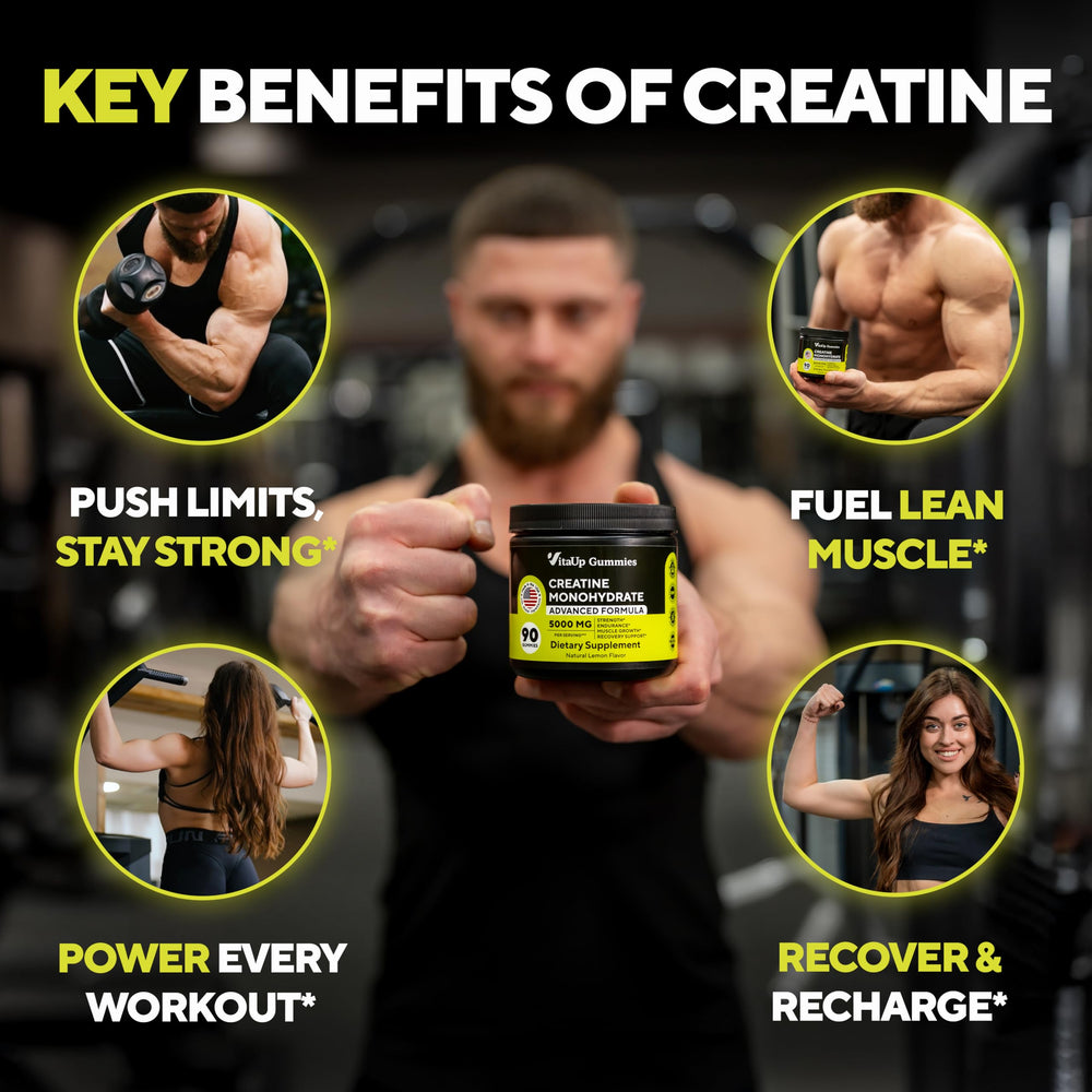 Bottle shot of VitaUp Creatine Monohydrate Gummies with lemon flavor