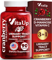 VitaUp D-Mannose Cranberry Vitamin C capsules bottle front, USA made, 90 count