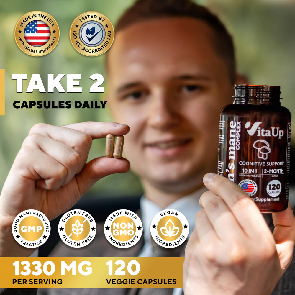 120-count bottle of VitaUp Lions Mane supplement