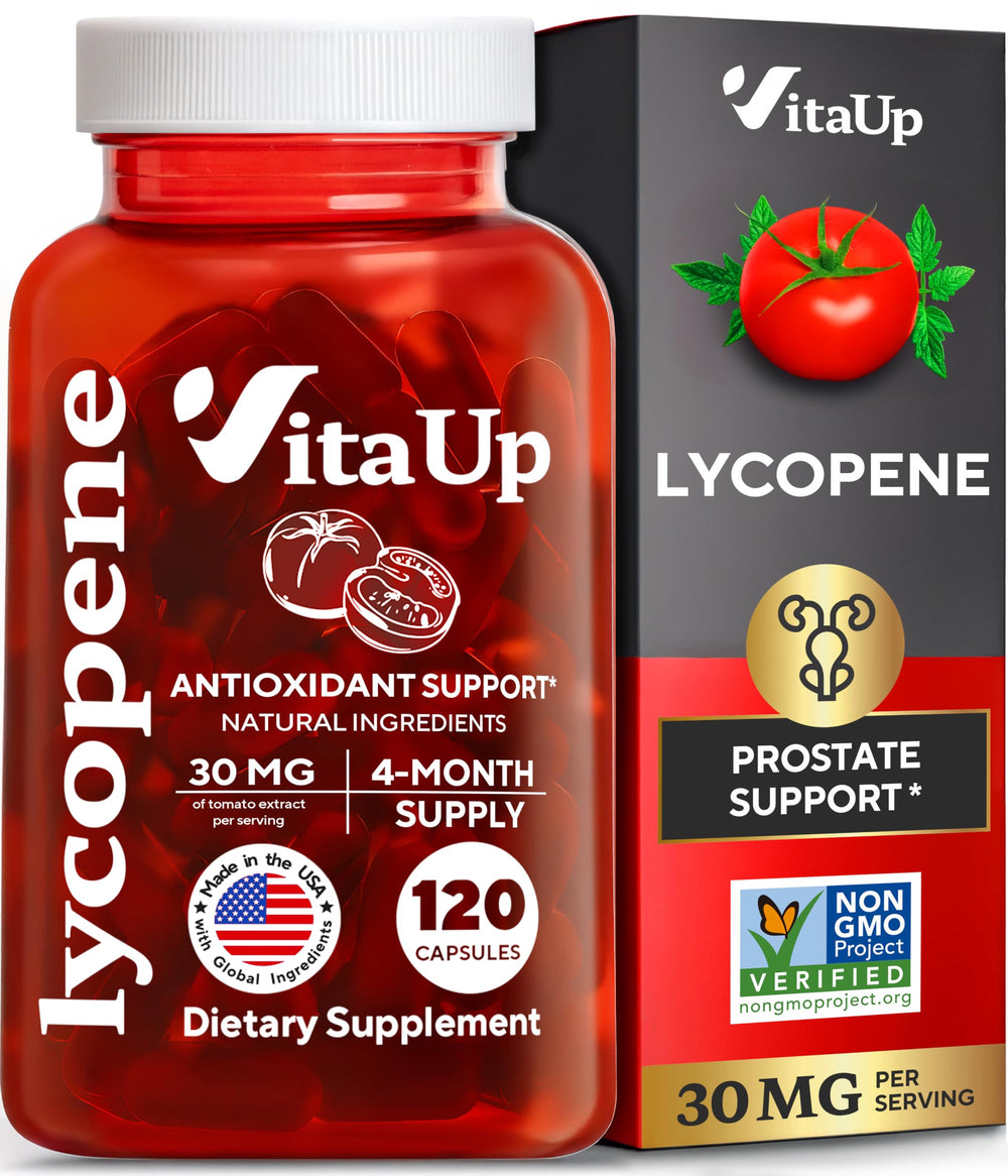 Bottle of VitaUp Lycopene supplements with tomato imagery