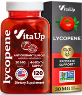 Bottle of VitaUp Lycopene supplements with tomato imagery