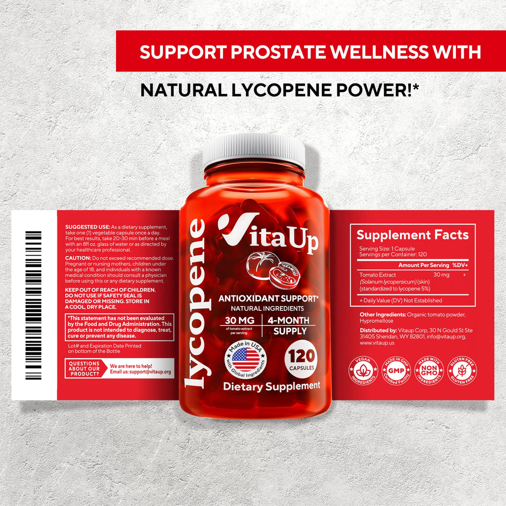 Packaging showing 120-count VitaUp Lycopene bottle