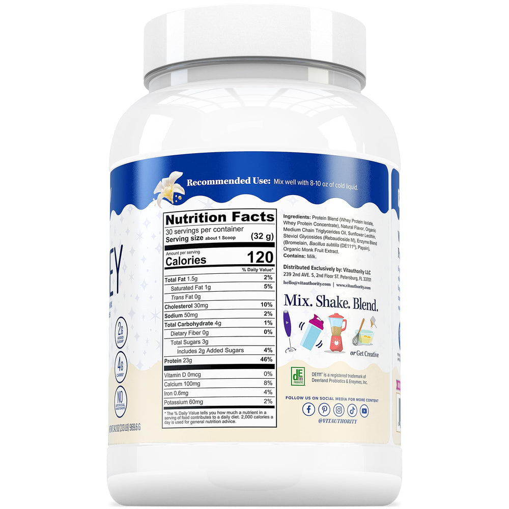 Vitauthority Whey Protein package open evokes premium vanilla protein experience.