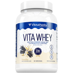 Vitauthority Whey Protein vanilla bottle display highlights convenient daily protein support.